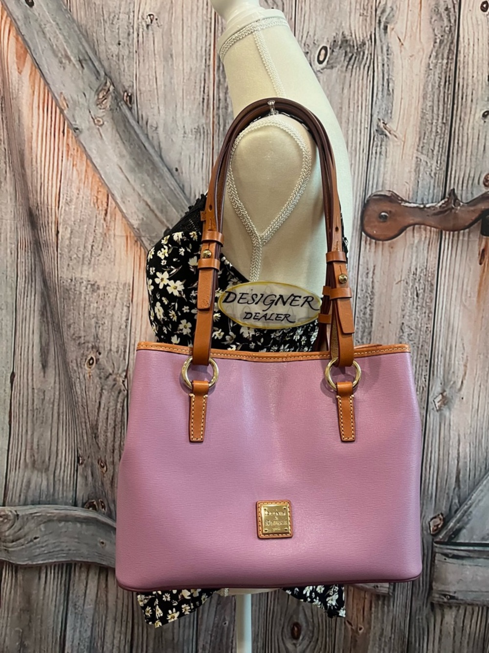 Dooney & Bourke Pink Leather Shoulder Tote with Brown Trim - Picture 2 of 12